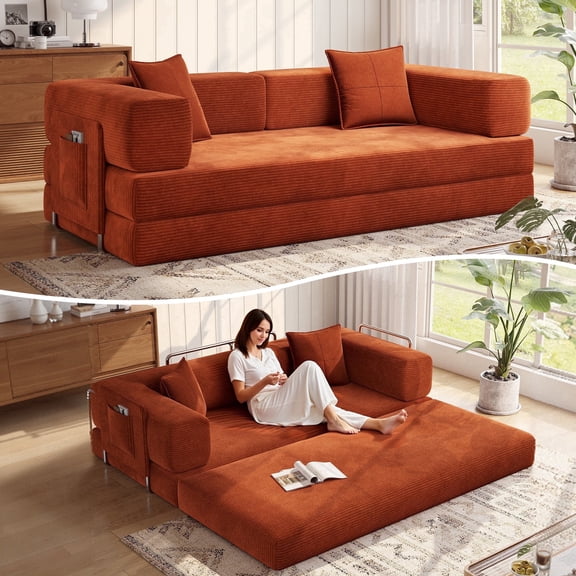 MoonSpeak 78.8''Sleeper Couch Bed for Livingroom,Convertible Modular Sofa with Armrest Pillow,Modular Fldable Corduroy Couches in a Box,No Assembly (Orange)