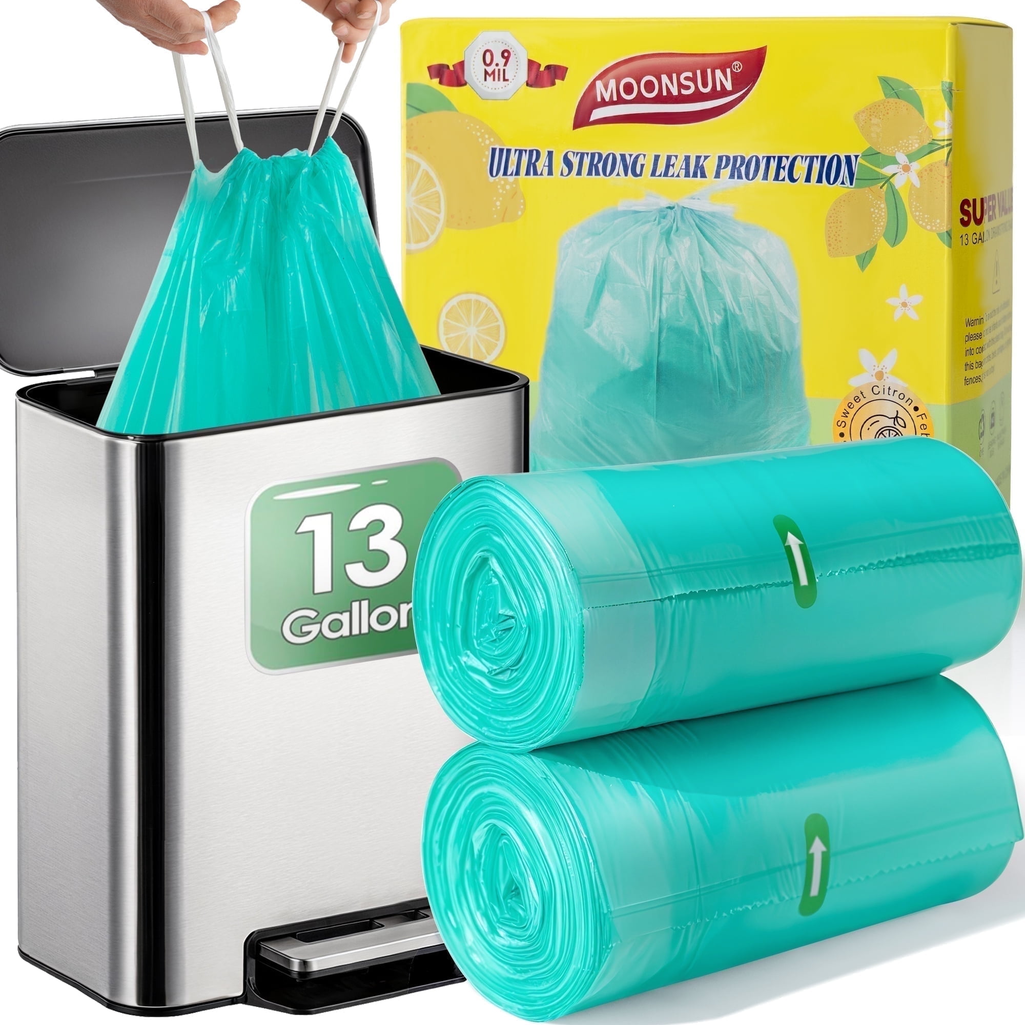 MoonSun 13 Gallon Drawstring Trash Bags, 90 Count Clean Fresh Scent 0.9 Mil Thick Strong Tall Kitchen Can Liners Green Garbage Bags
