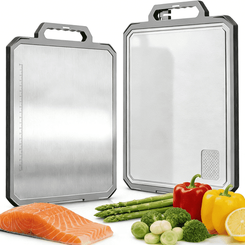 MoonSun 2 in 1 Stainless Steel Cutting Board for Kitchen, 16"x12" Double Sided, 304 Food-Grade for Meat + BPA-Free Wheat Straw for Veggies, Non-Slip Thick Board with Juice Groove, Large Size