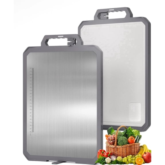 MoonSun 2 in 1 Stainless Steel Cutting Board for Kitchen, 16"x12" Double Sided, 304 Food-Grade for Meat + BPA-Free Wheat Straw for Veggies, Non-Slip Thick Board with Juice Groove, Large Size