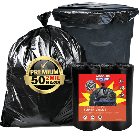MoonSun Trash Bags 40-45 Gallon 2.0 Mil 50 Count Large Garbage Bags Black, Heavy Duty Garbage Can Liners Outdoor Indoor