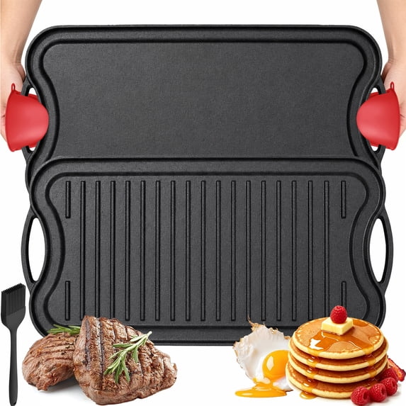 MoonTrek Cast Iron Reversible Grill and Griddle Pan, 20" x 10"