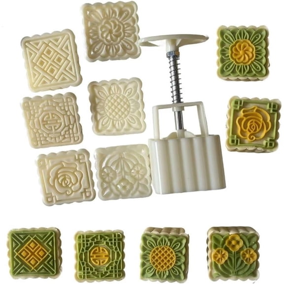 Mooncake Mold 100g- Square Cookie Stamps Plastic Hand Press Flowers Shape Kitchen Gadgets DIY Baking Pastry Tool (Line flower)