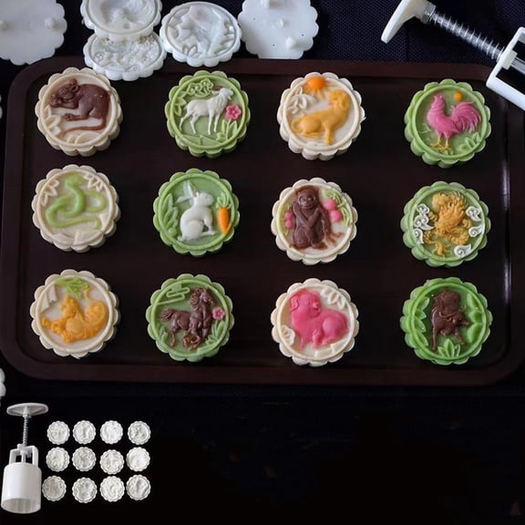 Mooncake Mold 12 Zodiac Signs Cookie Stamps Plastic Hand Press Animal Shape Kitchen Gadgets DIY Baking Pastry Tool 1.96in
