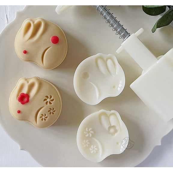 Mooncake mold with 1 stamp, moon cake puff pastry press mold，mooncake mold set hand pressed biscuit dessert DIY（1*Chinese style rabbit）
