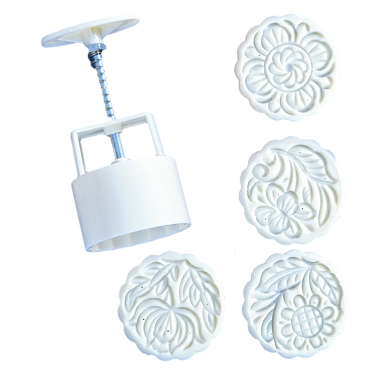 Mooncake moulds with different round and floral patterns are used in