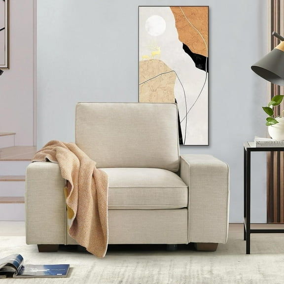 Mooncast Chenille Modern Single Sofa with Wood Solid Print Storage & USB Ports, Beige