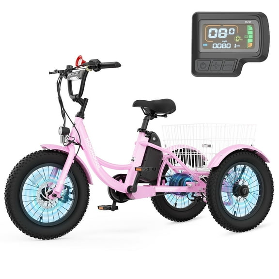 Mooncool Electric Tricycle for Kids , 3 Wheels 16"x3" Fat Tire Tricycle Electric Trike Cruiser Bicycle, 250W Aluminum Frame Electric Trikes Etrike with 10.4Ah Removable Battery and Rear Basket,UL2849