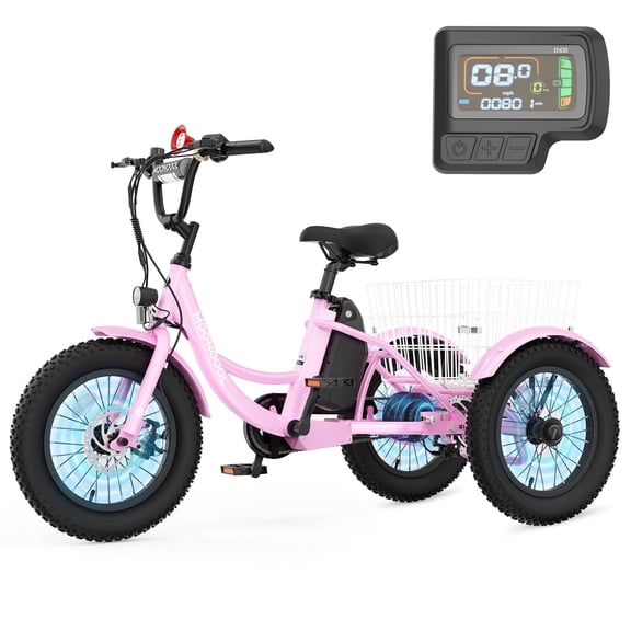 MOONCOOL Electric Tricycle for Kids ,16"x3" 3 Wheel 250W 10.4Ah Etrike W/ LED headlight & Rear Basket & horn bell & DIY stickers,6/9/12.5 MPH
