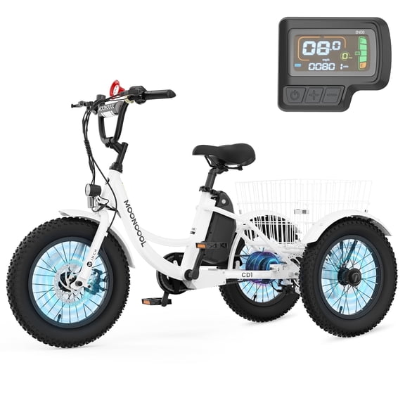 MOONCOOL Electric Tricycle for Kids ,16"x3" 3 Wheel 250W 10.4Ah Etrike W/ LED headlight & Rear Basket & horn bell & DIY stickers,6/9/12.5 MPH,UL2849