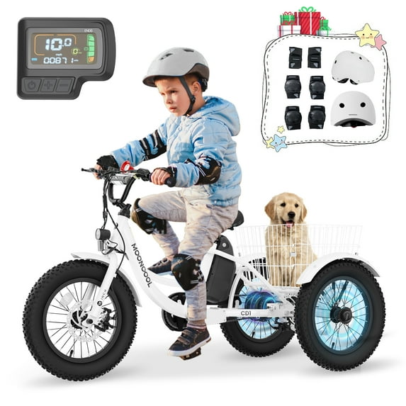 Mooncool 16 inch Electric Tricycle w/Helmets Protection Gear Set, for Kids Ages 6-12 Years Old, 3 Wheels Electric Bicycle Bikes, 250W Motor Step-Thru Etrike with Removable Battery & Large Basket