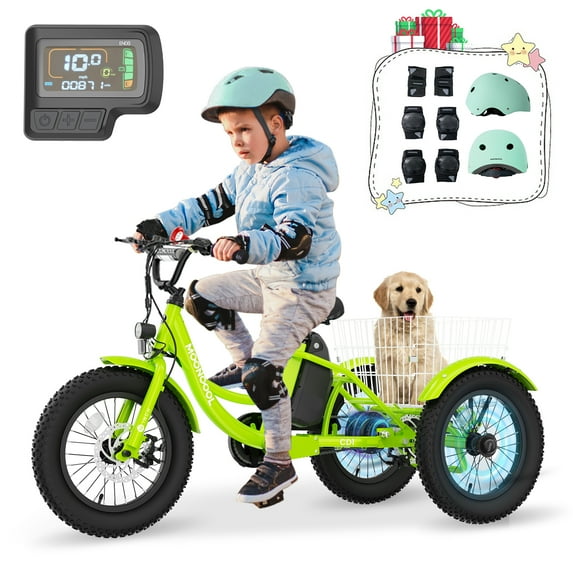 Mooncool 16 inch Electric Tricycle w/Helmets Protection Gear Set, for Kids Ages 6-12 Years Old, 3 Wheels Electric Bicycle Bikes, 250W Motor Step-Thru Etrike with Removable Battery & Large Basket