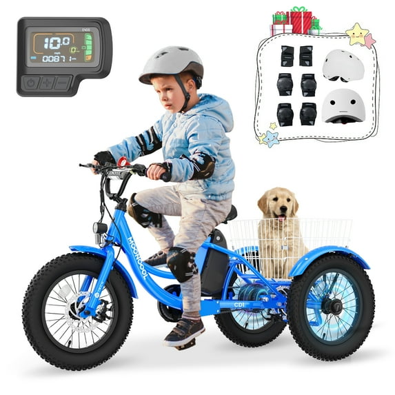 Mooncool 16 inch Electric Tricycle w/Helmets Protection Gear Set, for Kids Ages 6-12 Years Old, 3 Wheels Electric Bicycle Bikes, 250W Motor Step-Thru Etrike with Removable Battery & Large Basket