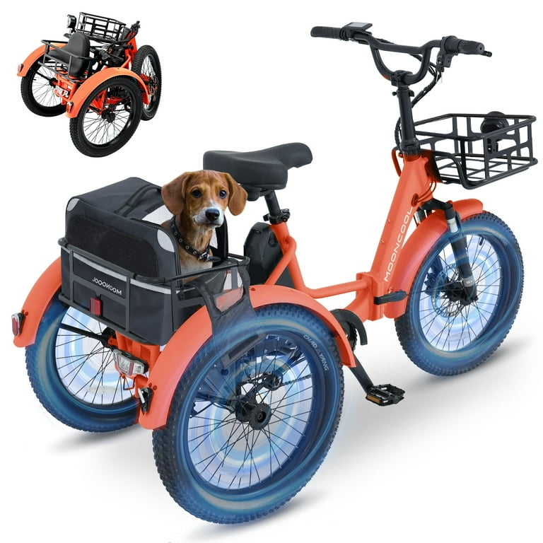 Mooncool 20 inch Fat Tire Electric Tricycle for Adults w Tool Kit Foldable Electric Trike with Front Rear Basket 750W Motor 48V Removable Battery