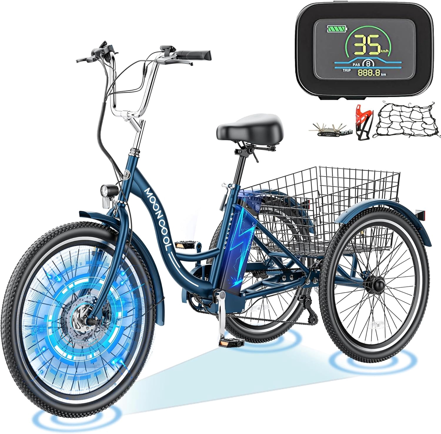 Mooncool 24" 26" 3 Wheel Electric Tricycle for Adults, 350W 36V 7 Speeds Motorized Electric Trike Three Wheel Electric Bikes Bicycle with Large Basket & Accessories for Women Men