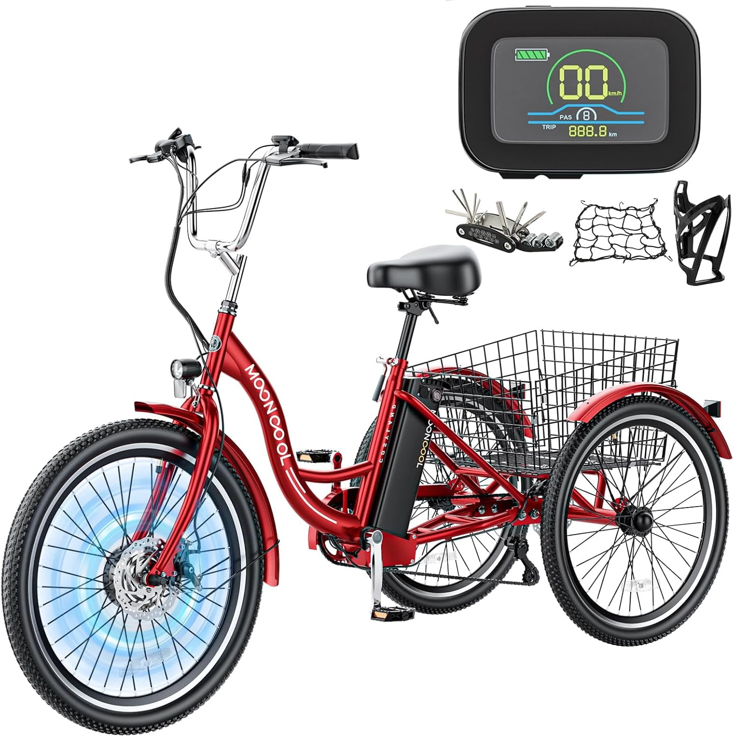 Mooncool 24 26 3 Wheel Electric Tricycle for Adults, 350W 36V 7 Speeds Motorized Electric Trike Three Wheel Electric Bikes Bicycle with Large Basket for Women Men