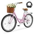 thumbnail image 1 of Mooncool 24 & 26 Inch Beach Cruiser Bike for Women, 7 Speed Commute Bike for Adults, Womens Bicycle with Ratten Basket & Rack, Multiple Color, 1 of 12