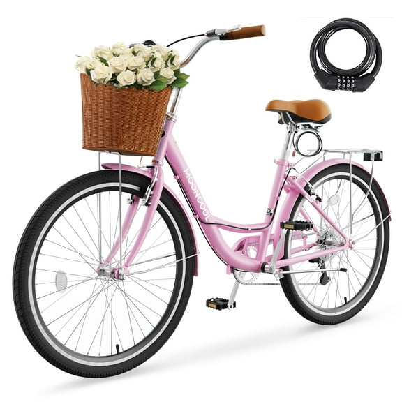 Mooncool 24 & 26 Inch Beach Cruiser Bike for Women, 7 Speed Commute Bike for Adults, Womens Bicycle with Ratten Basket & Rack, Multiple Color