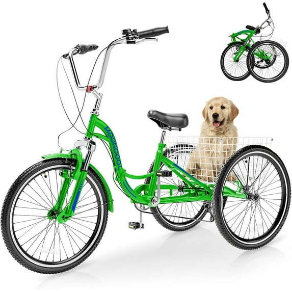 Mooncool Adult Folding Tricycle 7-Speed, Adult Trikes 24 inch Wheel Cruiser Bike with Cargo Basket, Foldable Tricycle for Adults, Women, Men, Seniors Exercise Shopping