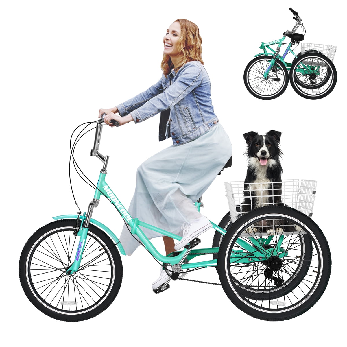 Mooncool Adult Folding Tricycle 7-Speed, Adult Trikes 26 inch Wheel Cruiser Bike with Cargo Basket, Foldable Tricycle for Adults, Women, Men, Seniors