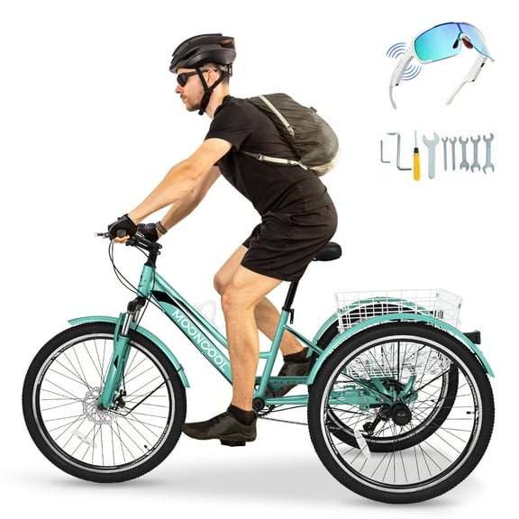 Mooncool Adult Mountain Tricycle, 7 Speed Three Wheel Bike, 24/26/27.5 Inch Adults Trikes for Seniors with Shopping Basket, Exercise Men's Women's Tricycles