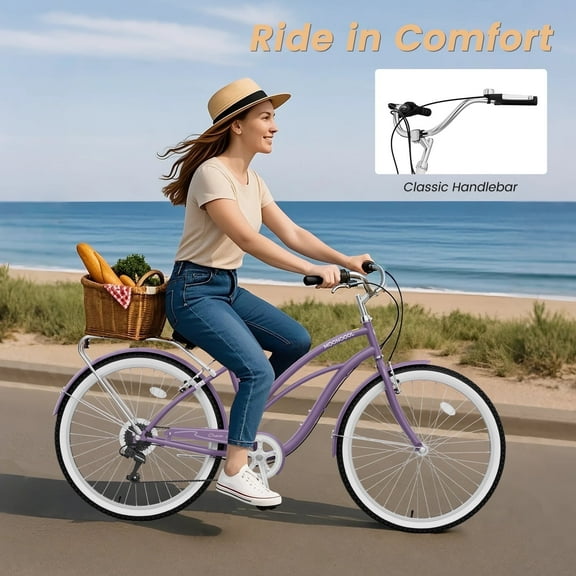 MOONCOOL 24/26 Inch 7 Speed Beach Cruiser Bike for Adults, Retro Step-Through Comfort Bicycle with Soft Foam Saddle, V-Brakes, Rear Rack & Fenders – Classic Cruiser for Women and Men