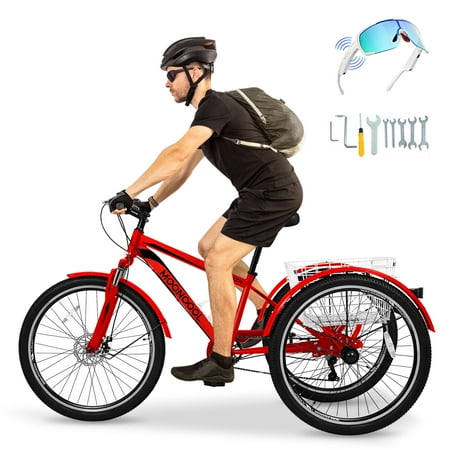 Mooncool Mountain Tricycle for Adults, 7 Speed Three Wheel Bike, 24/26/27.5 Inch Adults Trikes with Shopping Basket, Exercise Men's Women's Tricycles