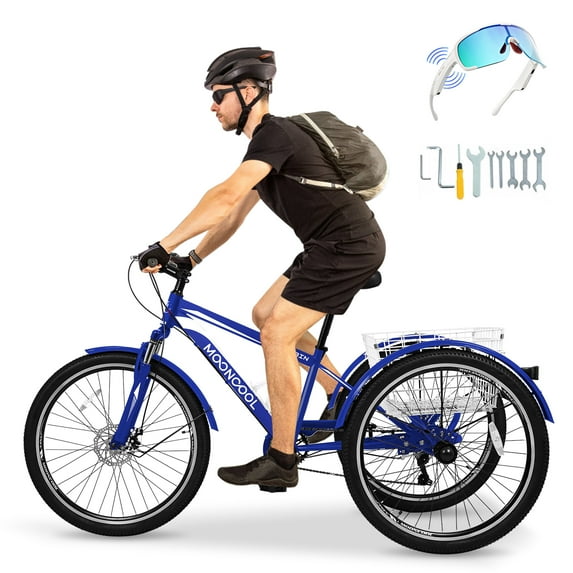 Mooncool Mountain Tricycle for Adults, 7 Speed Three Wheel Bike, 24/26/27.5 Inch Adults Trikes with Shopping Basket, Exercise Men's Women's Tricycles