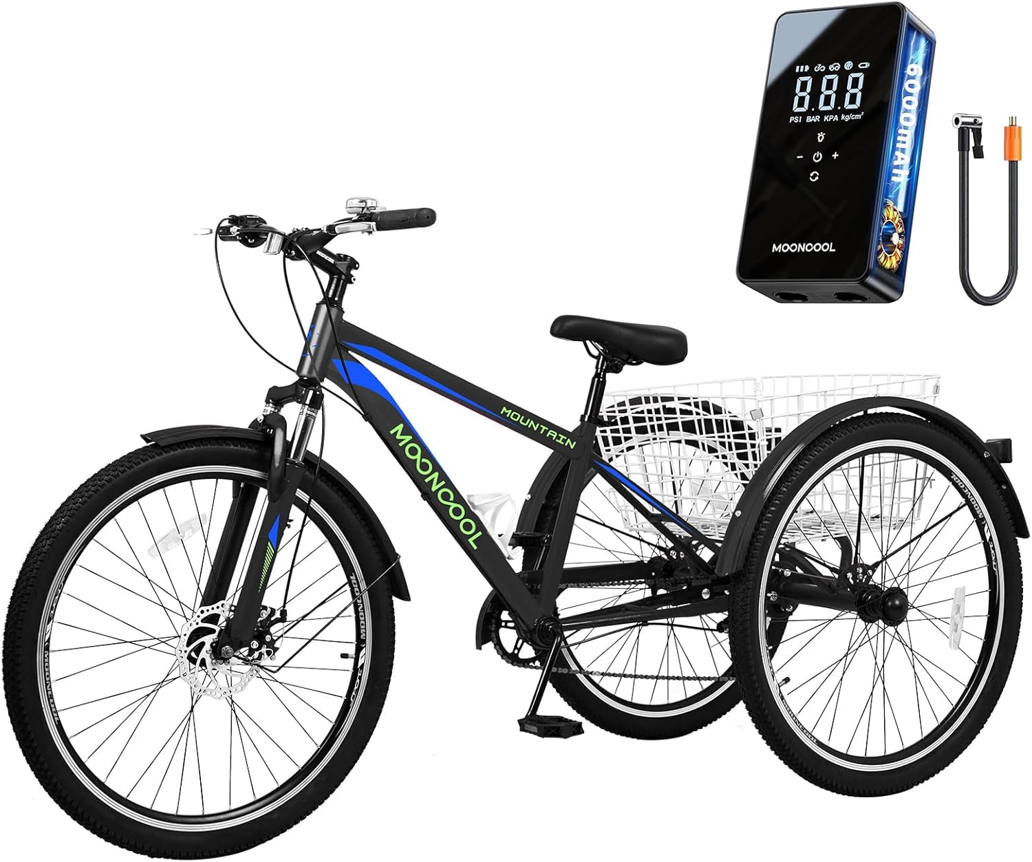 Mooncool Mountain Tricycle for Adults, 7 Speed Three Wheel Bike, 24/26/27.5 Inch Adults Trikes with Shopping Basket, Exercise Men's Women's Tricycles
