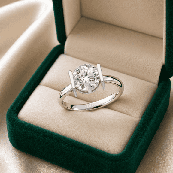 Mooneye 1.00 Carat Round Cut Moissanite Ring 7.30mm in 925 Sterling Silver Modern Bar Set Solitaire Engagement Ring for Women