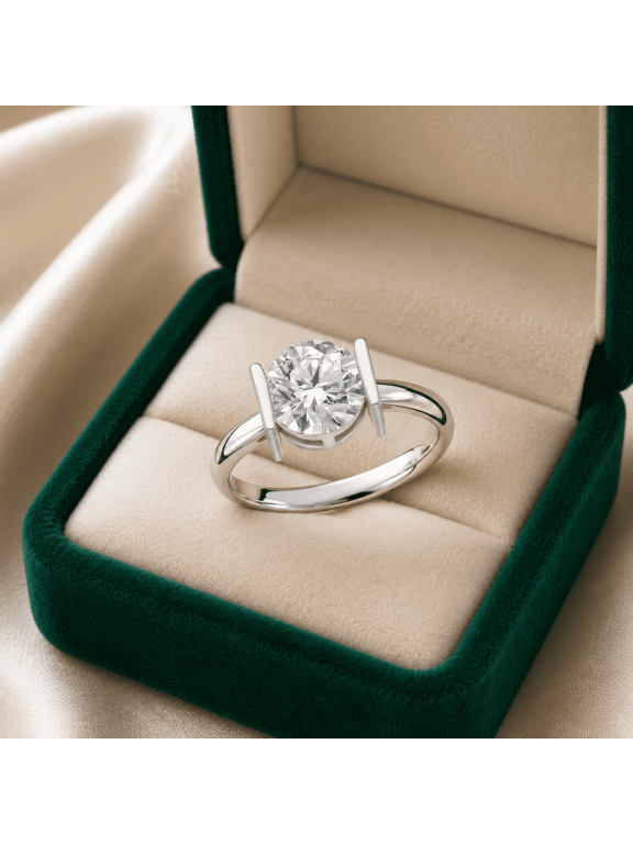 1.00 Carat Round Cut Moissanite Ring 7.30mm in 925 Sterling Silver Modern Bar Set Solitaire Engagement Ring for Women