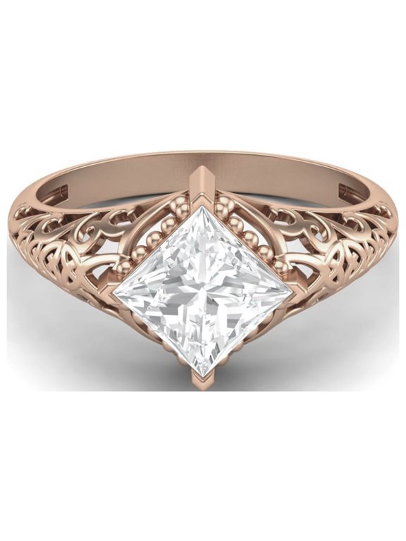 1.30 Ct Square Moissanite Diamond Filigree 925 Sterling Silver Rose Vermeil Women Gift Ring
