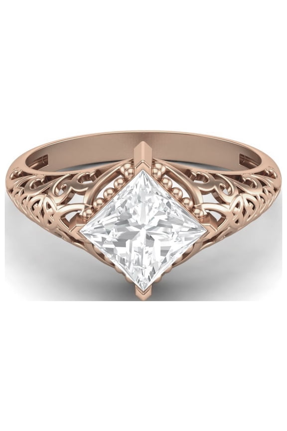 1.30 Ct Square Moissanite Diamond Filigree 925 Sterling Silver Rose Vermeil Women Gift Ring