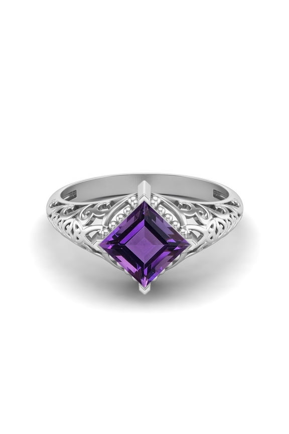 1.30 Ctw Square Amethyst Filigree 925 Sterling Silver Solitaire Mother's Day Gift Ring