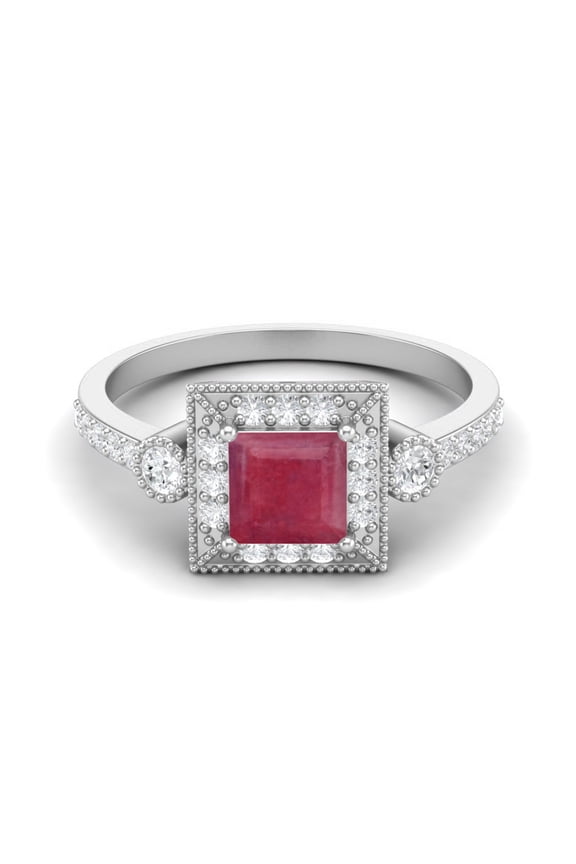 1.32 Cts Ruby Glass Filled Square Shape Solitaire Accent 925 Sterling Silver Wedding Ring