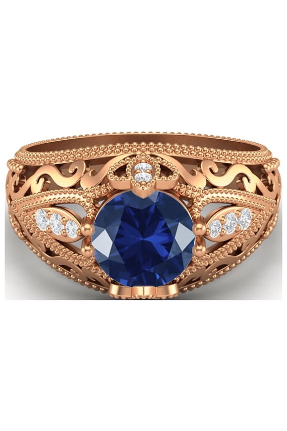 1.45 Ctw Round Synthetic Blue Sapphire 925 Sterling Silver Rose Vermeil Women Gifts Ring