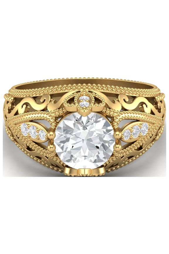 1.45Ct Round Moissanite Diamond 925 Sterling Silver Gold Vermeil Filigree Women Gifts Ring
