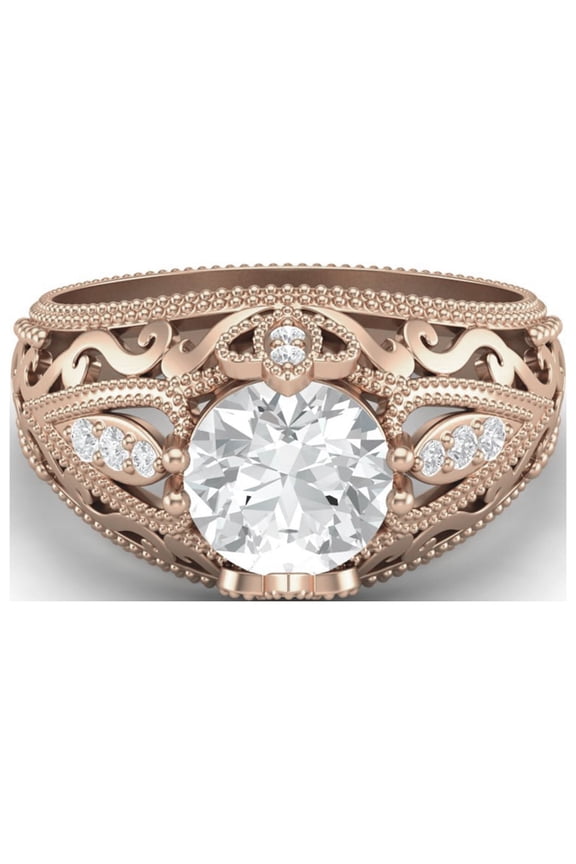 1.45Ct Round Moissanite Diamond 925 Sterling Silver Rose Vermeil Filigree Women Gifts Ring