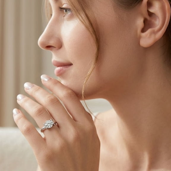 Mooneye 1.50 Carat Round Cut Moissanite Ring 7.30mm in 925 Sterling Silver Modern Bar Set Solitaire Engagement Ring for Women