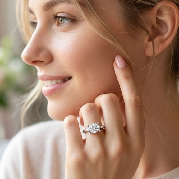 Mooneye 2.00 Carat Round Cut Moissanite Ring 7.30mm in 925 Sterling Silver Modern Bar Set Solitaire Engagement Ring for Women