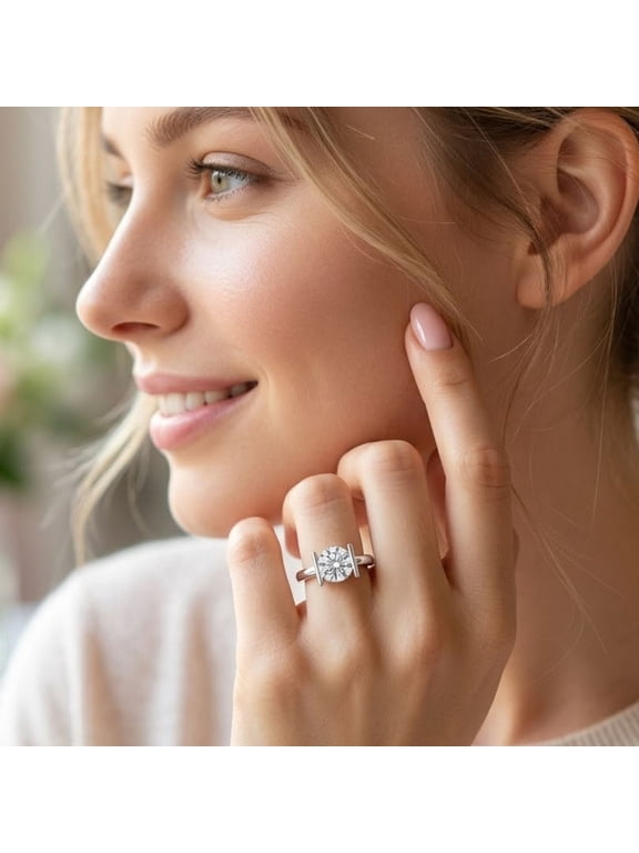 2.00 Carat Round Cut Moissanite Ring 7.30mm in 925 Sterling Silver Modern Bar Set Solitaire Engagement Ring for Women