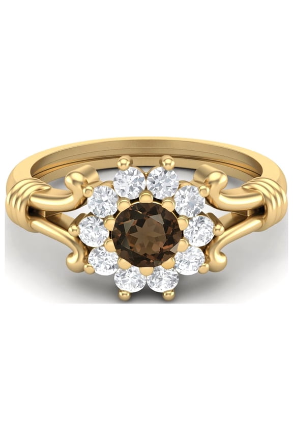 2.4 Ctw Round Smoky Quartz 925 Sterling Silver Yellow Plated Women Graduation Gift Ring