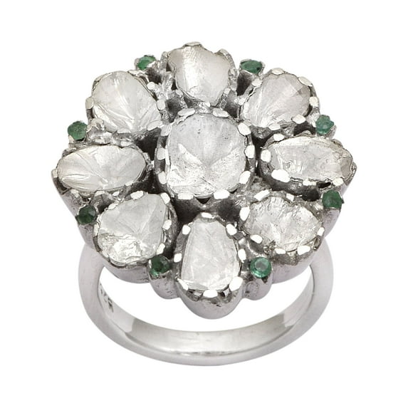 Mooneye 2.50 CTW Natural Diamond Polki Emerald Flower Cocktail Women Gifts Ring 925 Sterling Silver