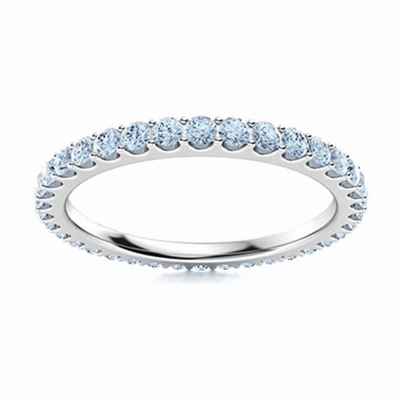 Mooneye 2MM Round Shape Aquamarine 925 Sterling Silver Full Eternity Women Wedding Ring