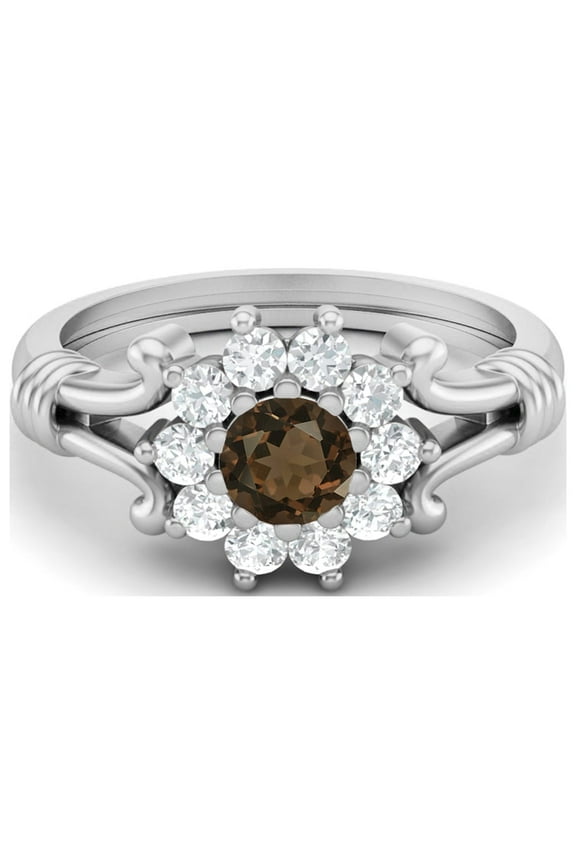 4.5mm Round Shape Smoky Quartz 925 Sterling Silver Cluster Women Graduation Gift Ring