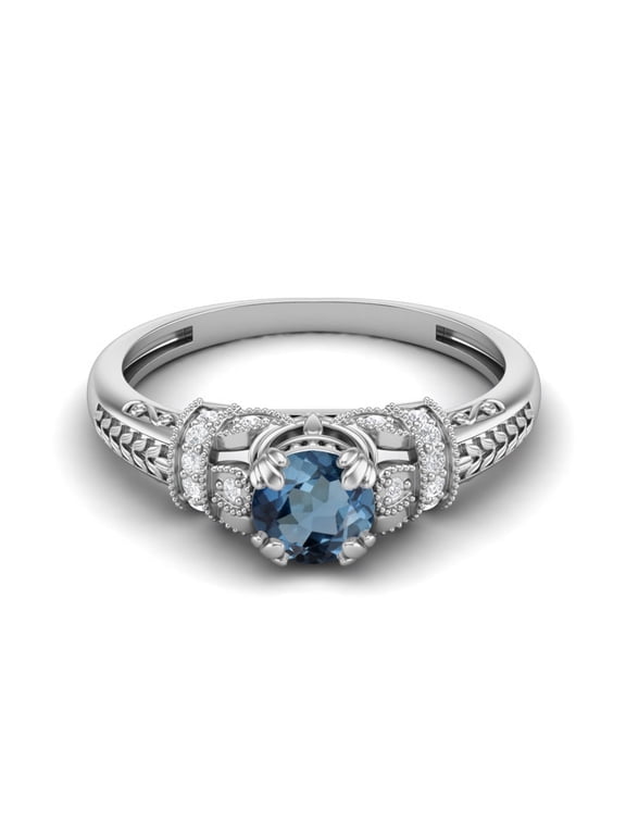 5mm London Blue Topaz 925 Sterling Silver Solitaire Blossom Design Women Valentines Ring