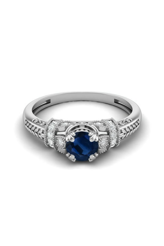 5mm Round Blue Sapphire 925 Sterling Silver Blossom Design Women Valentines Day Gift Ring