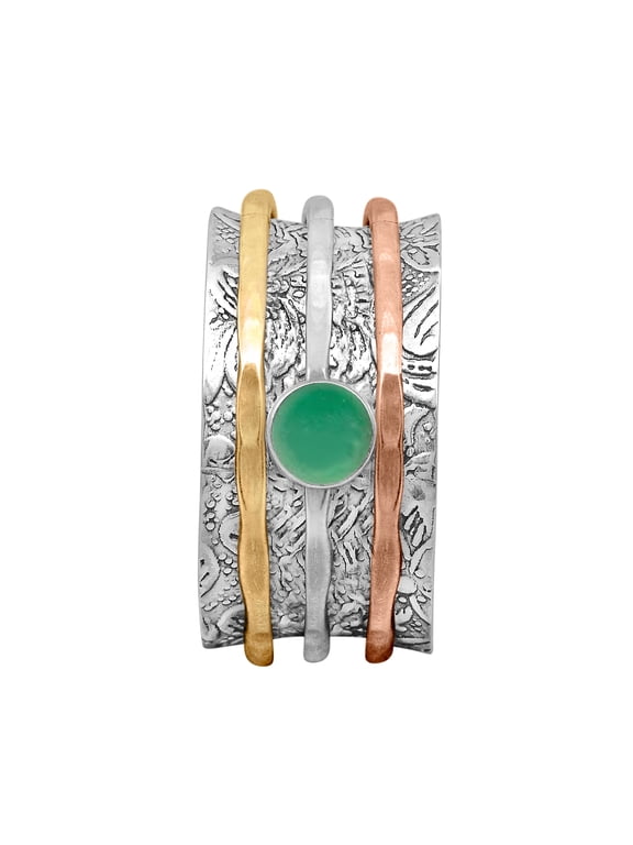 5mm Round Green Jade 925 Sterling Silver Dual Tone Meditation Anxiety Women Spinner Ring