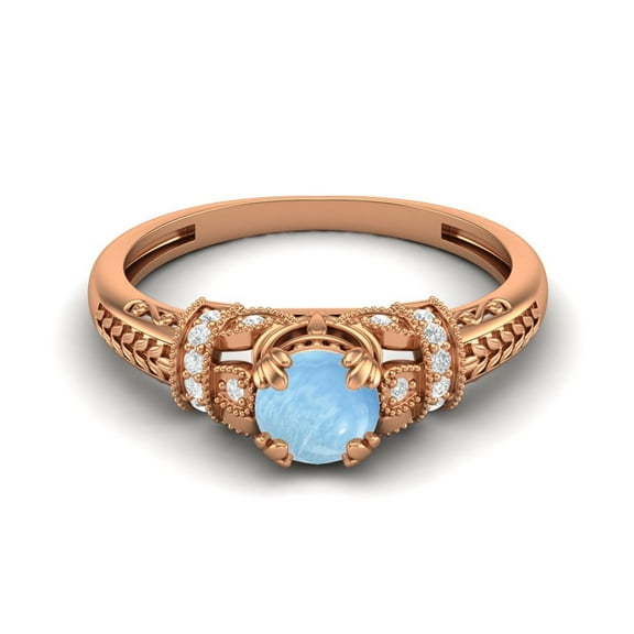 Mooneye 5mm Round Larimar 925 Sterling Silver Rose Plated Blossom Design Mother's Day Gift Ring