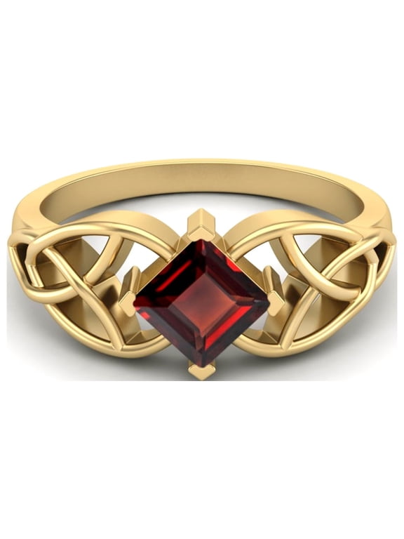 5mm Square Shape Natural Garnet 925 Sterling Silver Gold Vermeil Celtic Women Wedding Ring